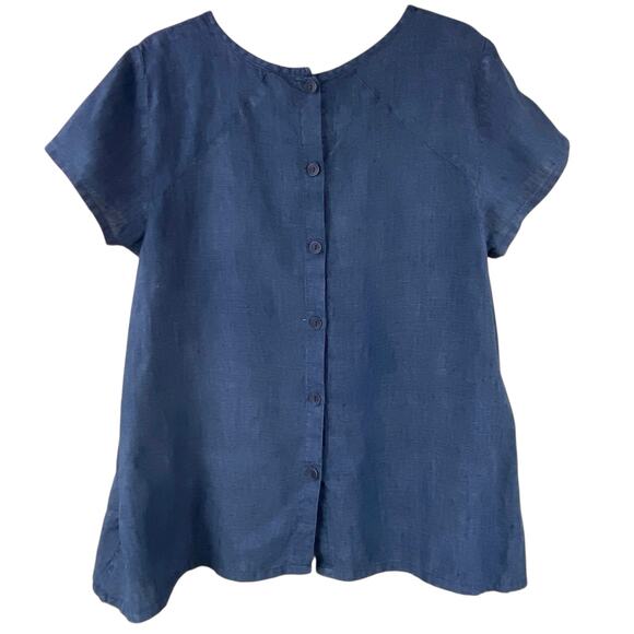 Flax 100% Linen Short Sleeve Tunic Top Size S Blue Button Back Lagenlook - Picture 3 of 8
